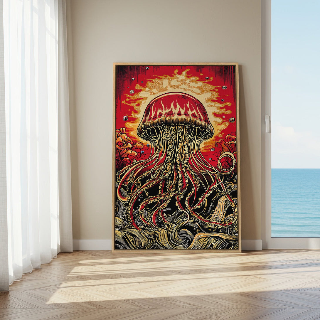 Framed Wall Art: Bold jellyfish print in red, gold, and black. Adds a striking, artistic touch to any space. Perfect for modern decor.