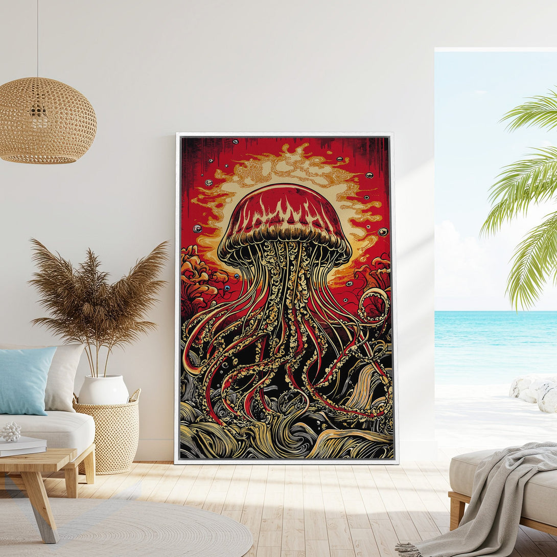 Framed Wall Art: Vibrant jellyfish illustration in red, gold, and black. Bold, artistic style. Perfect for coastal decor. Add a statement piece to your home!