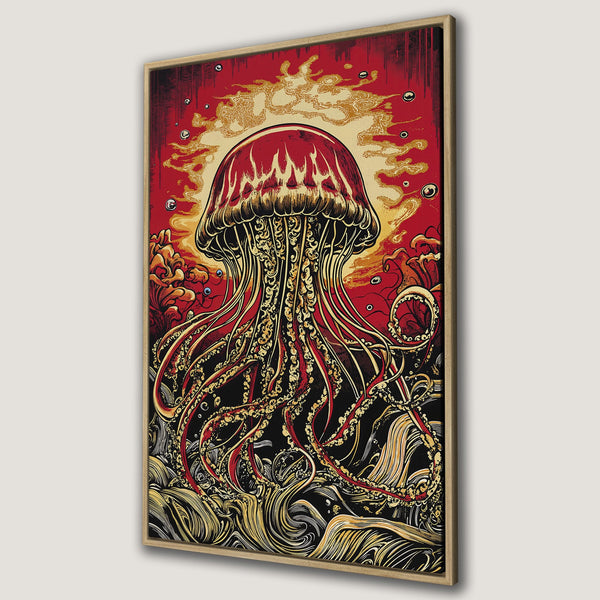 Framed Wall Art featuring a vibrant jellyfish illustration in red, gold, and black. Unique art print for a bold statement.