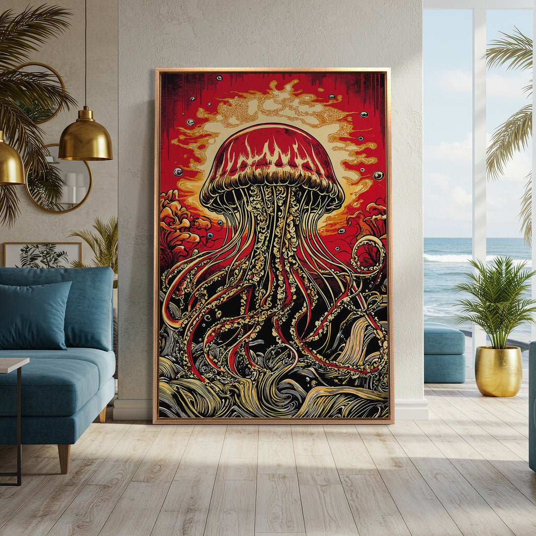 Framed Wall Art: Bold jellyfish art print in red, gold, and black. Statement piece for modern decor. Elevate your space with this unique canvas print!