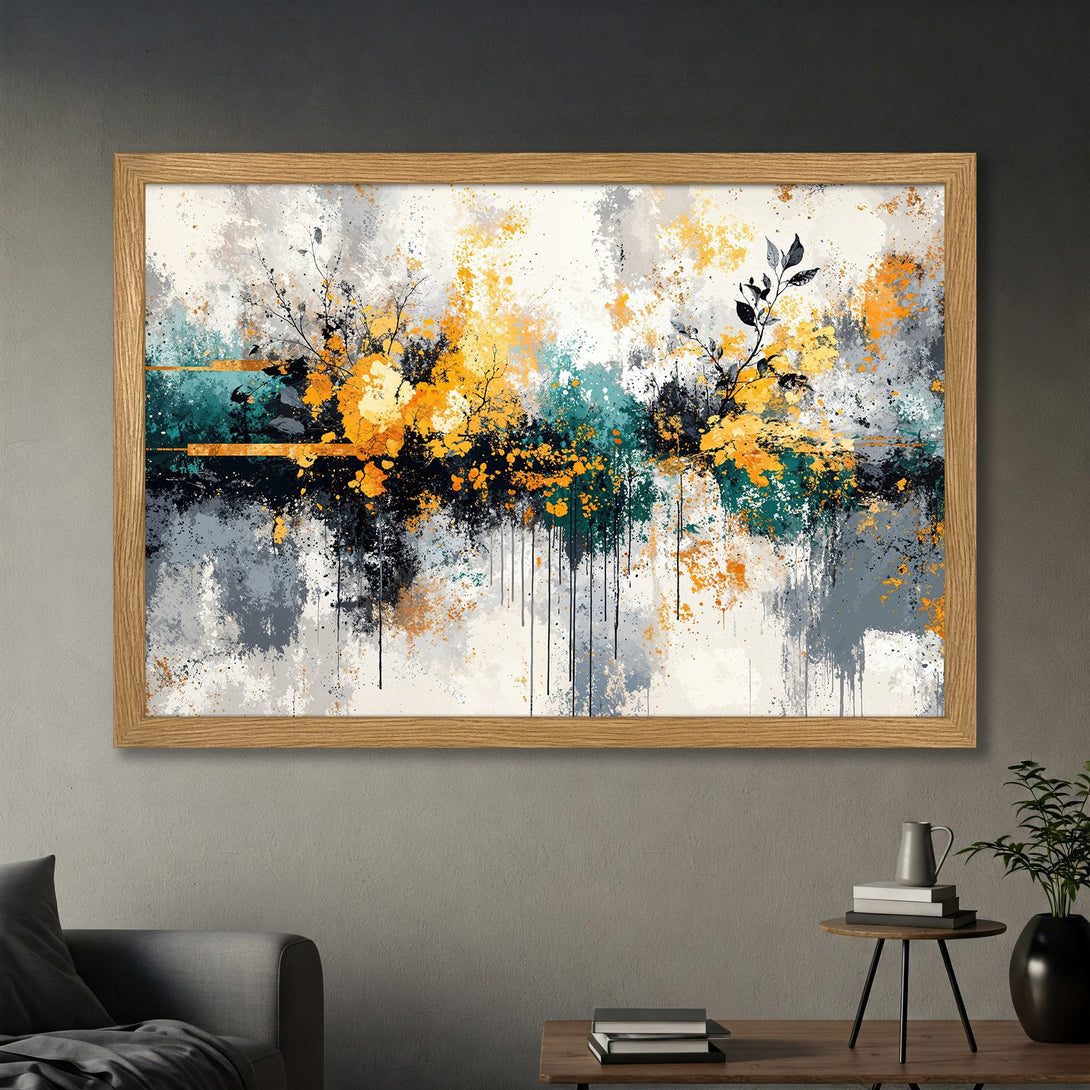 Framed Poster featuring abstract floral art in yellow, teal, and gray. Modern art print for home decor.