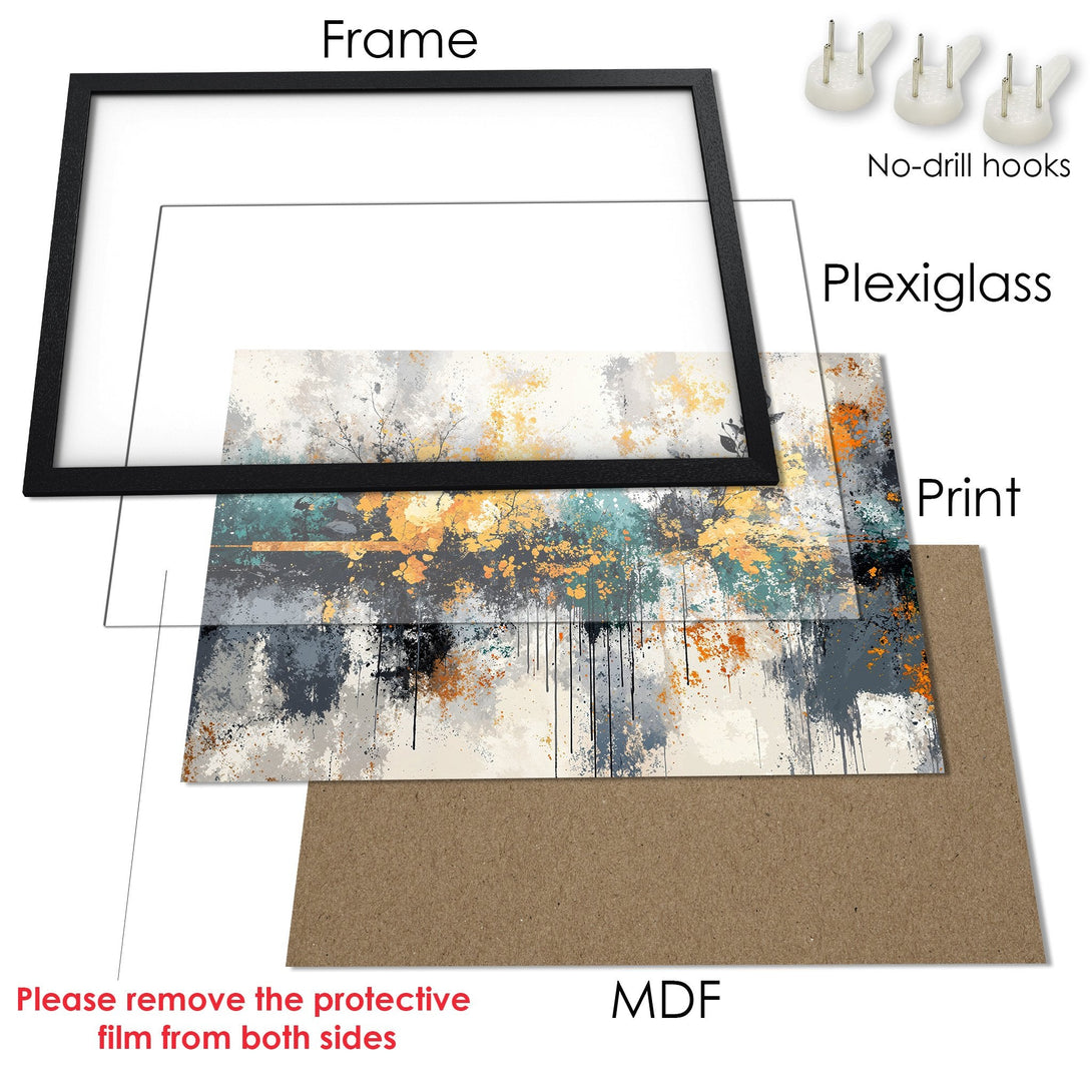 Framed Poster with abstract art in neutral tones, teal, and orange. Modern wall art for your home decor.