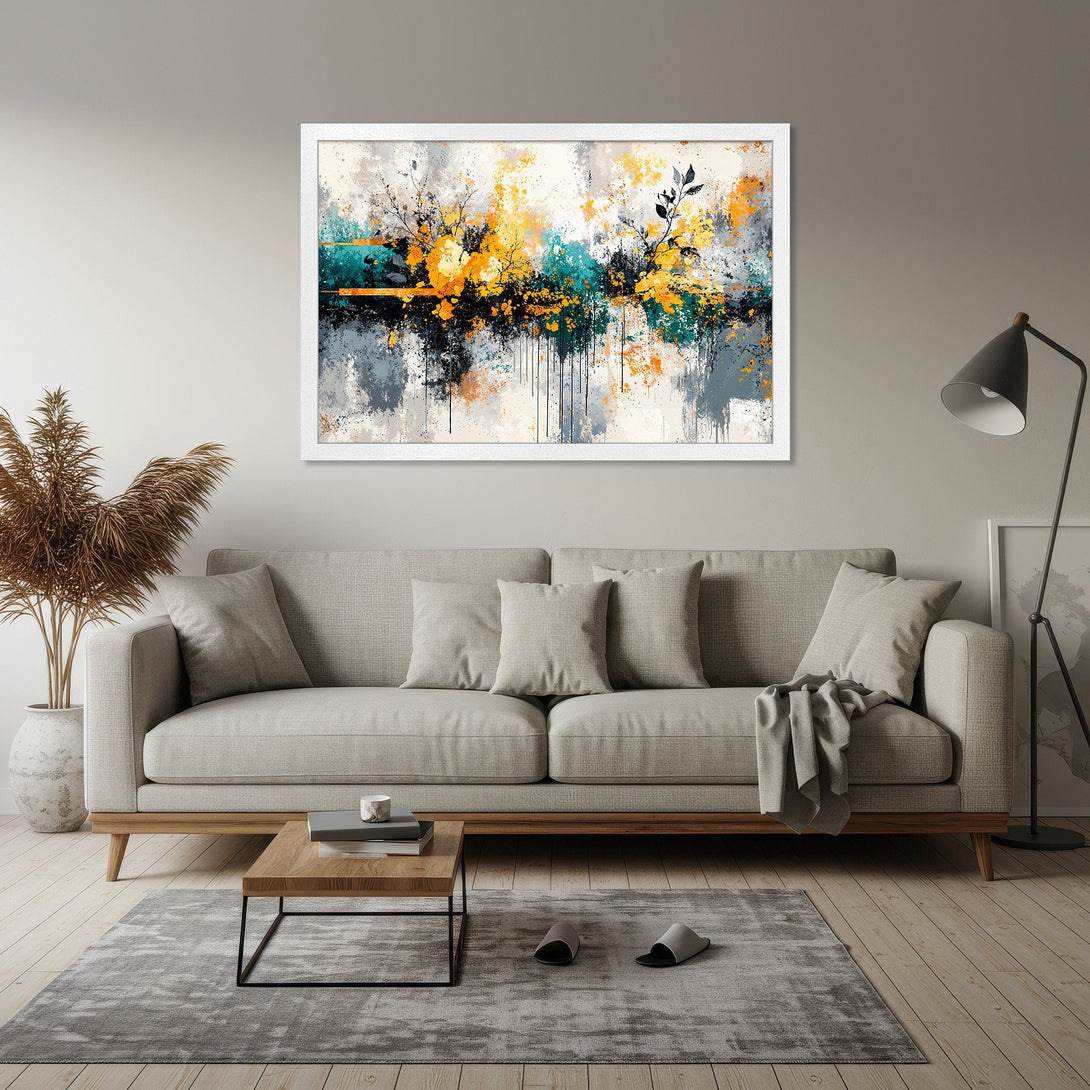 Framed Poster: Abstract art print in yellow, teal, & grey. Modern style, perfect for home decor. Add a touch of elegance with this beautiful poster.