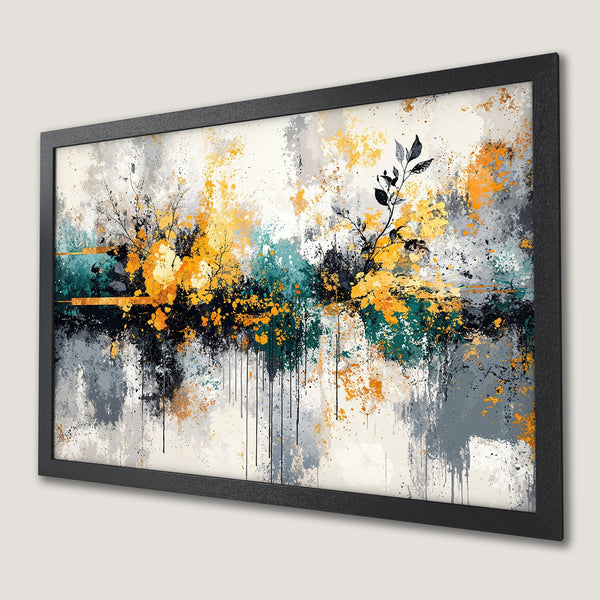Framed Poster of abstract landscape art with yellow, teal, and gray color palette. Modern wall decor.