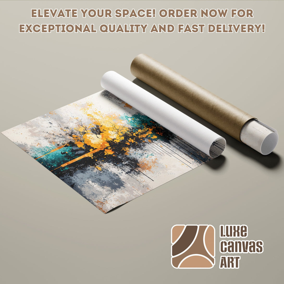 Abstract art Poster Roll with teal, yellow, and gray color palette. Elevate your space!