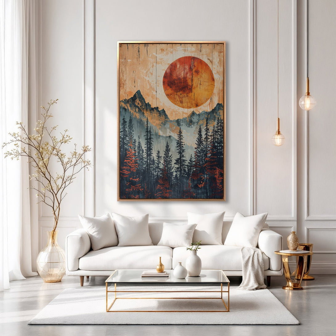 Framed Wall Art: Mountain landscape canvas print in warm orange and blue tones, perfect for modern living room decor. Bring nature indoors!