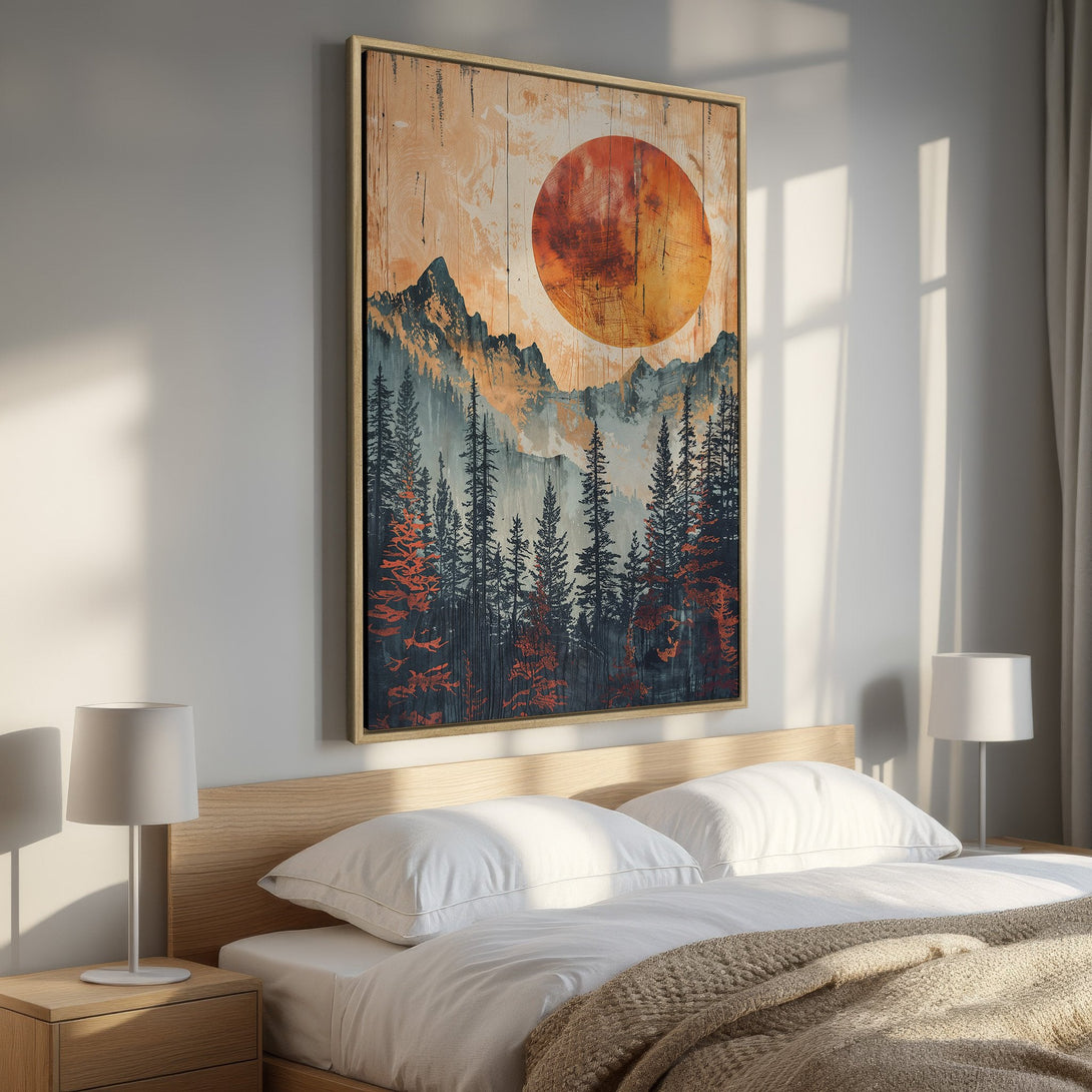 Framed Wall Art: Mountain landscape Canvas Print with a sunset, featuring a warm orange and teal color palette. Perfect for bedroom decor!