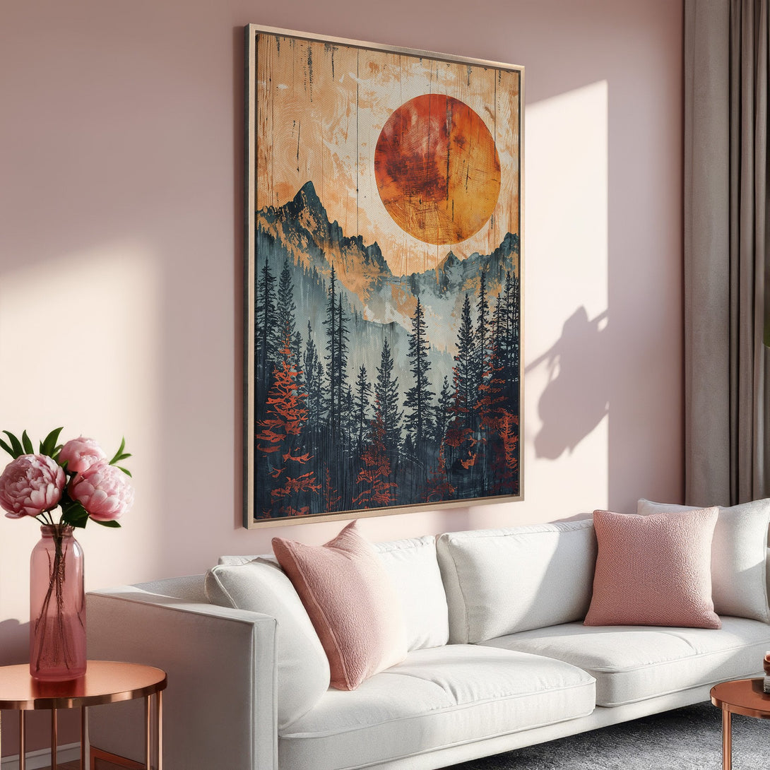 Framed Wall Art: Abstract mountain landscape canvas print with warm orange and teal tones. Perfect for adding a touch of nature to your home decor.