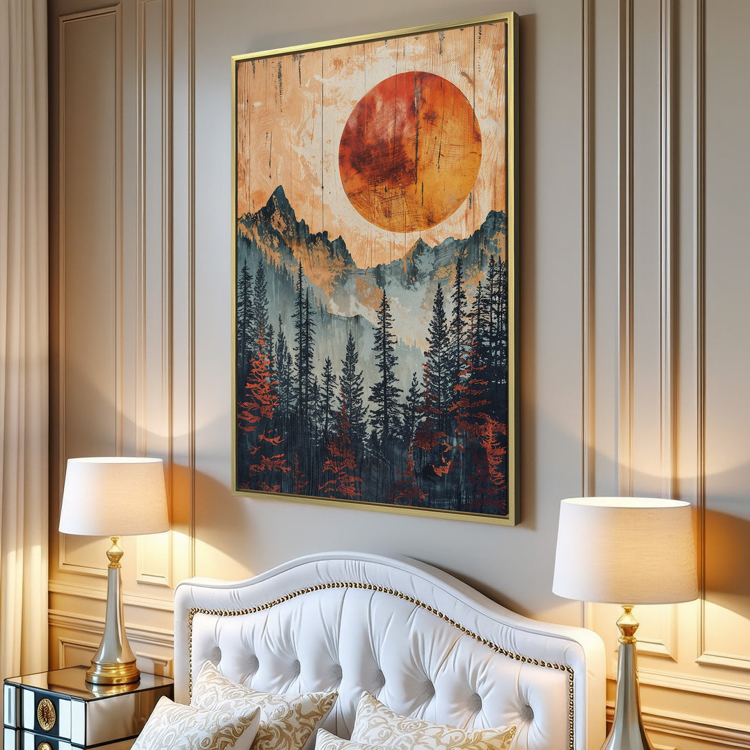 Canvas Print of a mountain landscape with a sunset, featuring a warm color palette of orange, blue, and grey. Rustic wall art for your home.