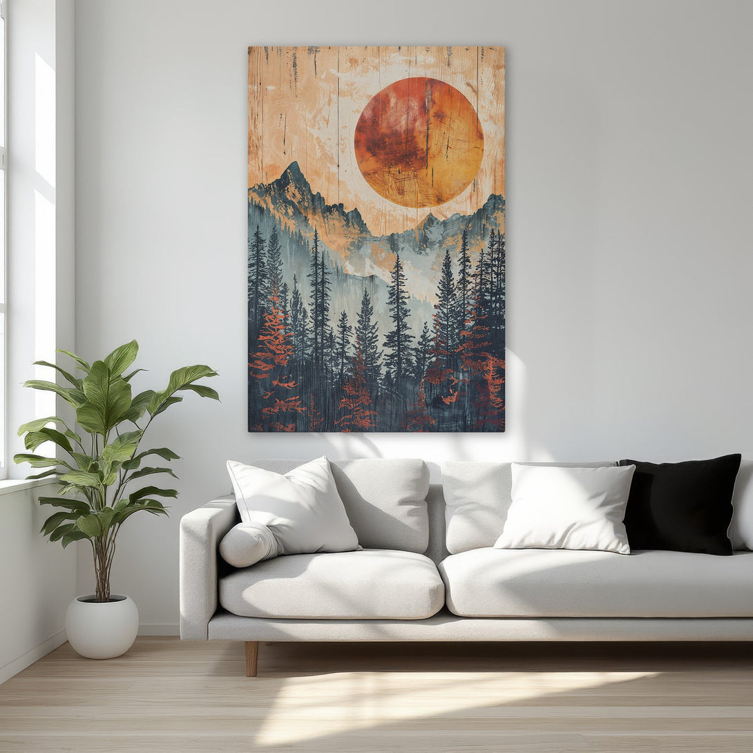 Framed Wall Art: Mountain landscape Canvas Print with sunset, featuring a warm orange, blue, and black color palette. Perfect for adding a touch of nature.
