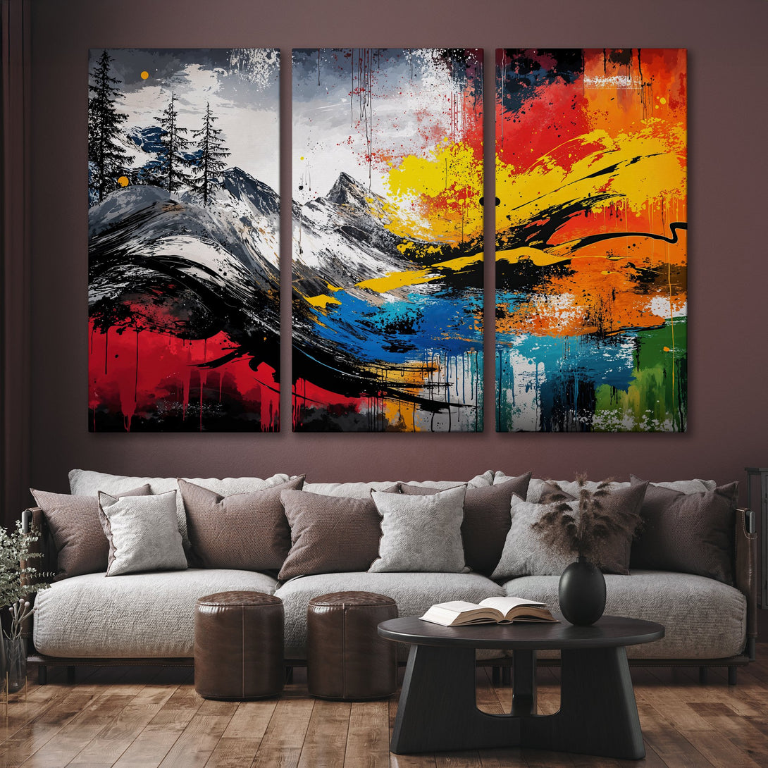 Abstract mountain Canvas Print with vibrant color palette of red, yellow, blue, and black. Modern art for your living room.