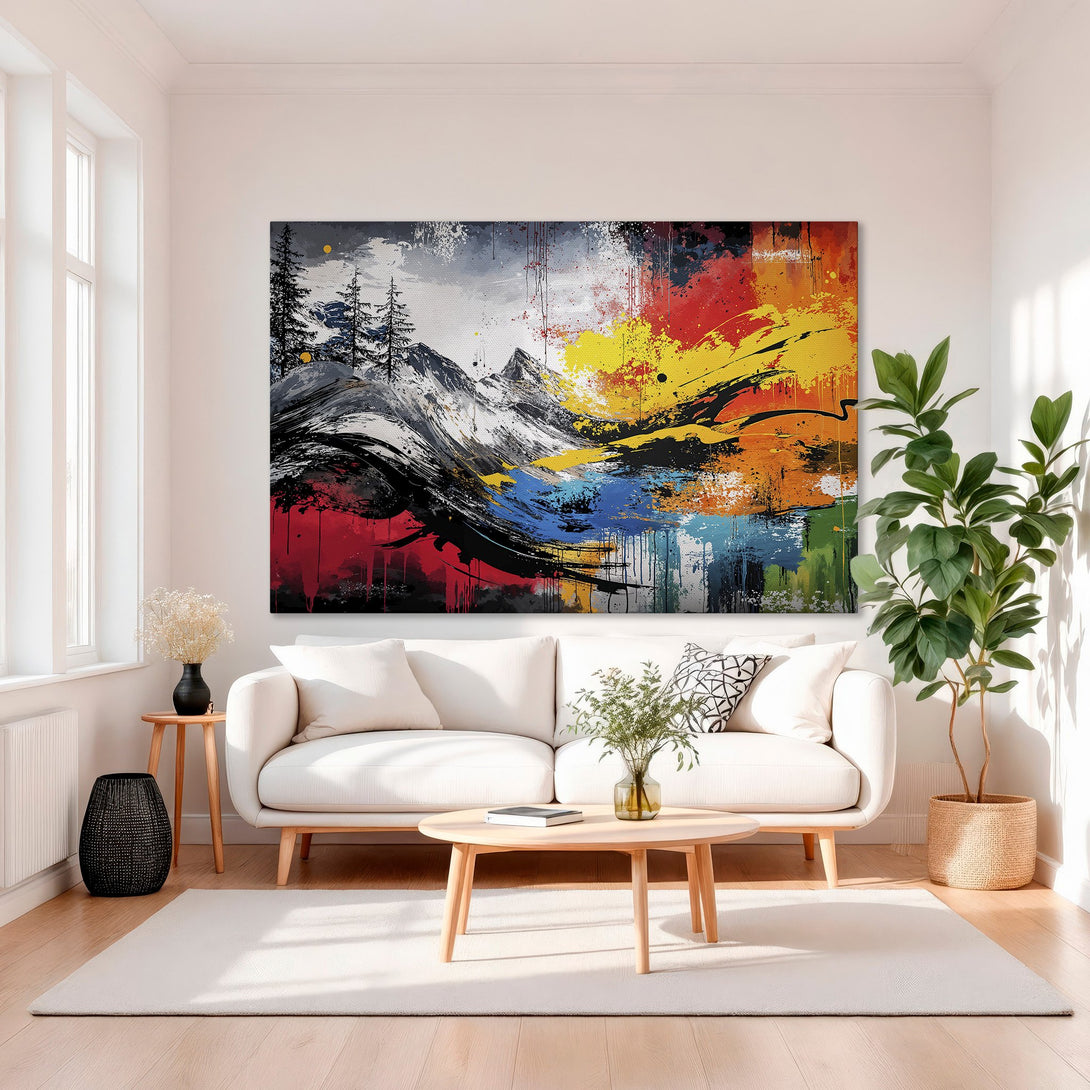 Framed Wall Art featuring an abstract mountain landscape with bold brushstrokes and a vibrant color palette of red, yellow, blue, and black. Perfect for modern decor.