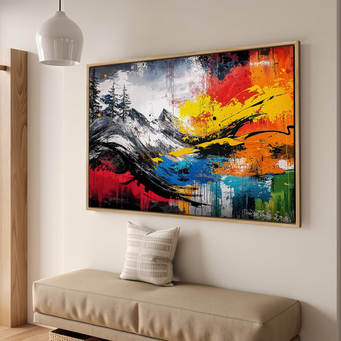Framed Wall Art: Abstract mountain landscape canvas print with vibrant red, yellow, blue, and black brushstrokes. Modern art for stylish home decor.
