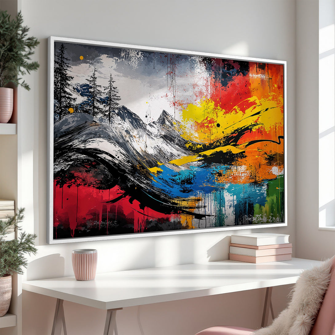 Framed Wall Art: Abstract mountain landscape Canvas Print with vibrant colors. Modern art for your home decor.
