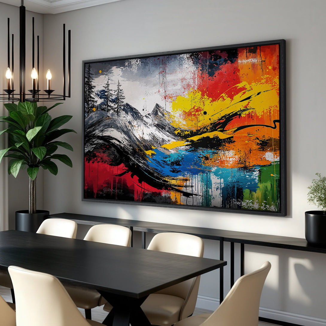Framed Wall Art: Abstract mountain landscape canvas print with vibrant colors. Modern art for your home decor. Shop now!