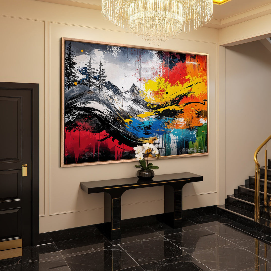 Framed Wall Art: Abstract mountain landscape in vibrant colors. Modern art canvas print for a stylish interior.