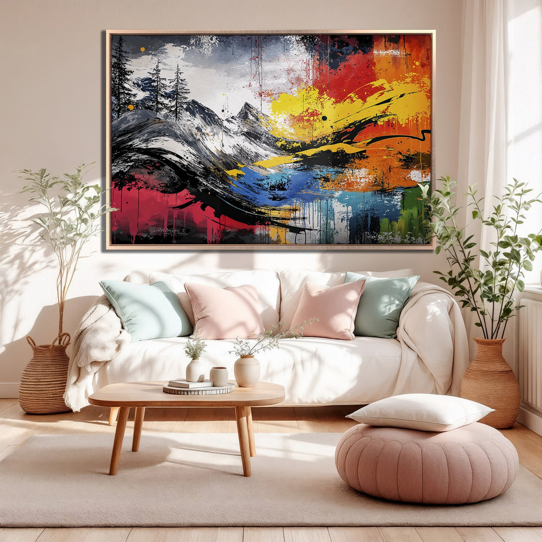 Framed Wall Art: Abstract mountain landscape in vibrant colors. Modern art Canvas Print perfect for living room decor. Shop now for colorful wall art!