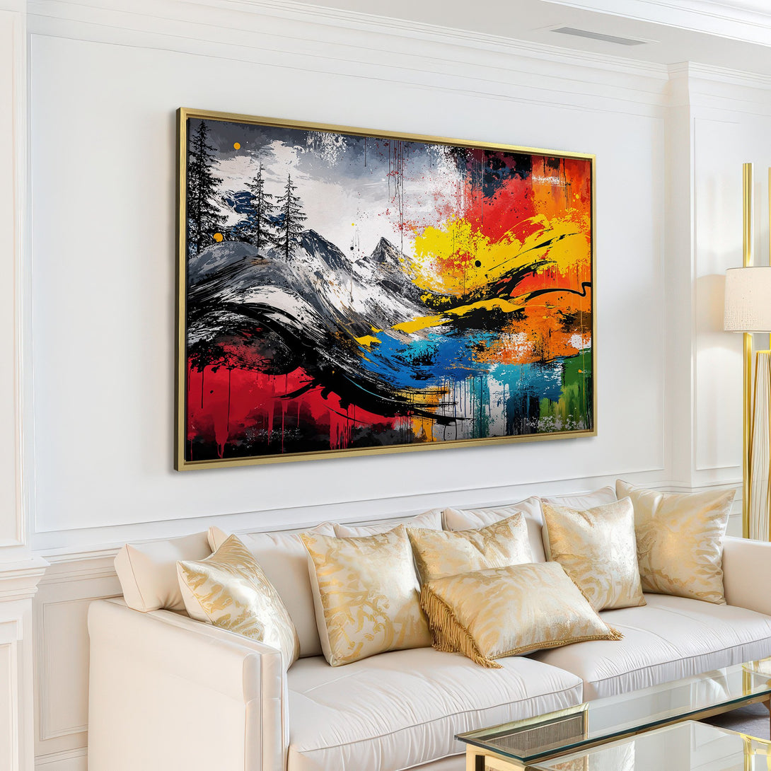 Abstract mountain Canvas Print with bold brushstrokes in red, yellow, blue, and black. Modern art for living room decor.