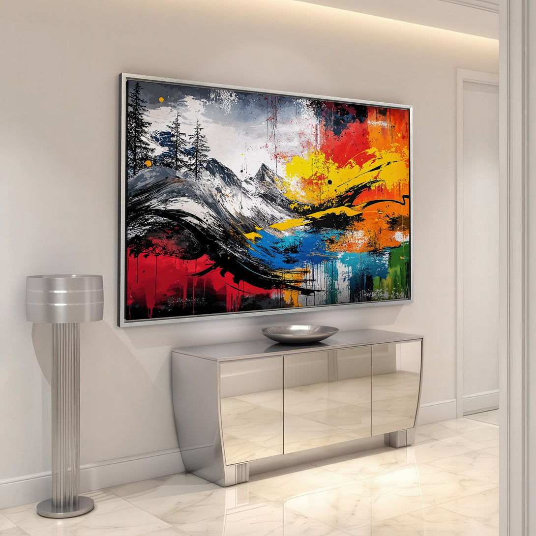Framed Wall Art: Abstract mountain landscape Canvas Print with bold colors. Modern art with red, yellow, blue, and black palette. Elevate your home decor!