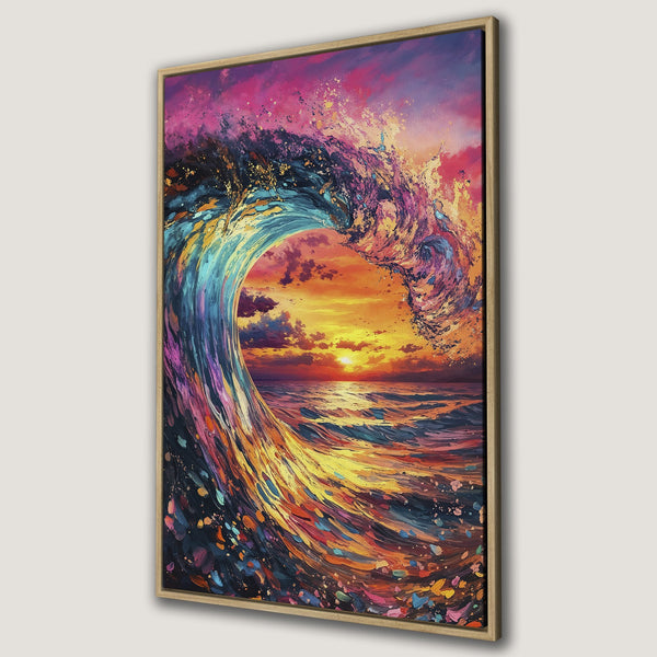Framed Wall Art: Abstract wave painting with vibrant sunset colors. Stunning Canvas Print for your home decor, featuring blues, oranges, and pinks.