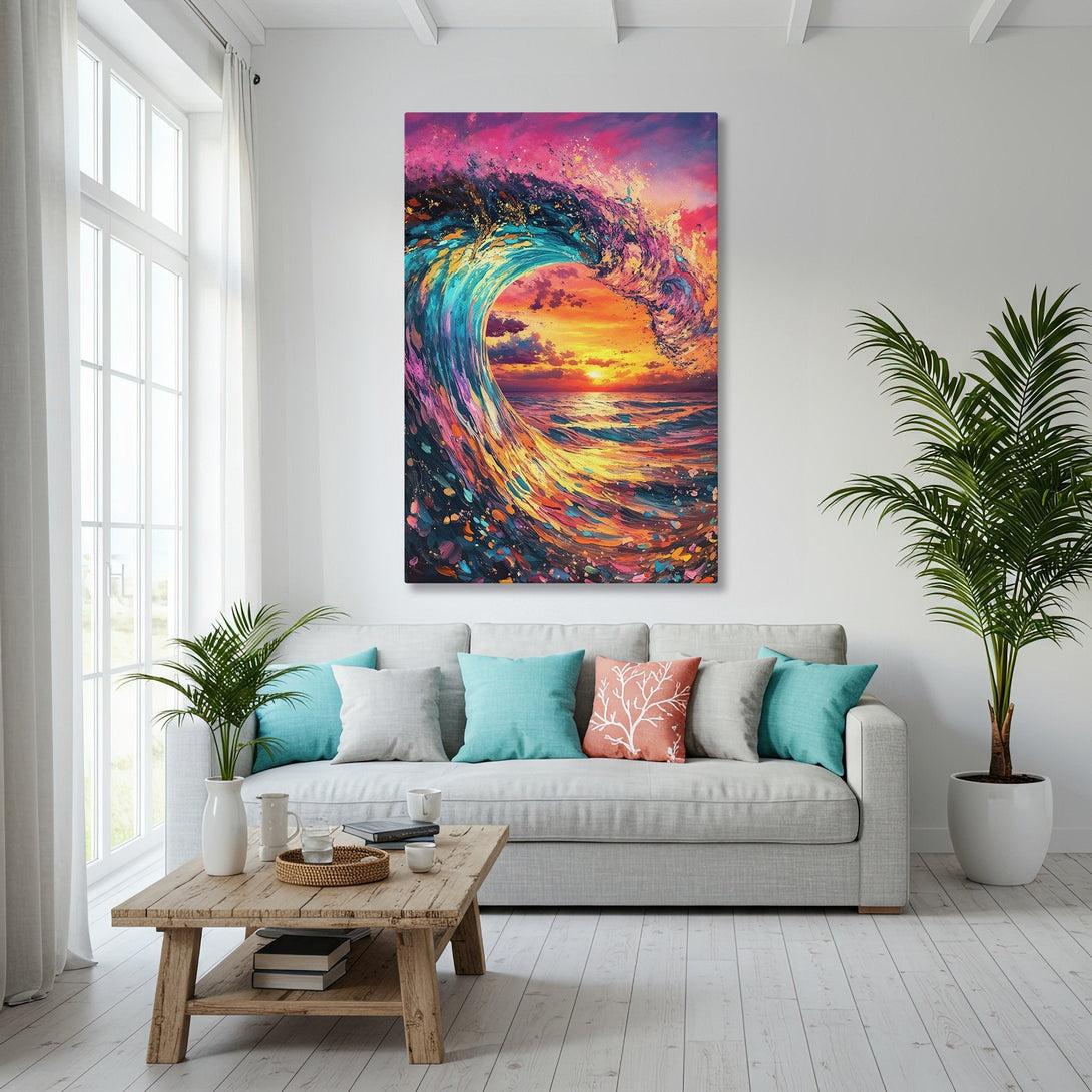 Framed Wall Art: Vibrant wave painting with sunset colors. Modern, colorful artwork for coastal decor. Adds a pop of color to any space.