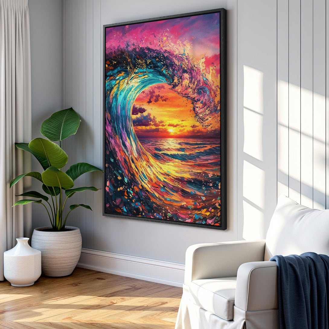 Framed Wall Art: Stunning wave art Canvas Print in vibrant sunset colors. Add coastal vibes to your home with this colorful, abstract ocean scene.