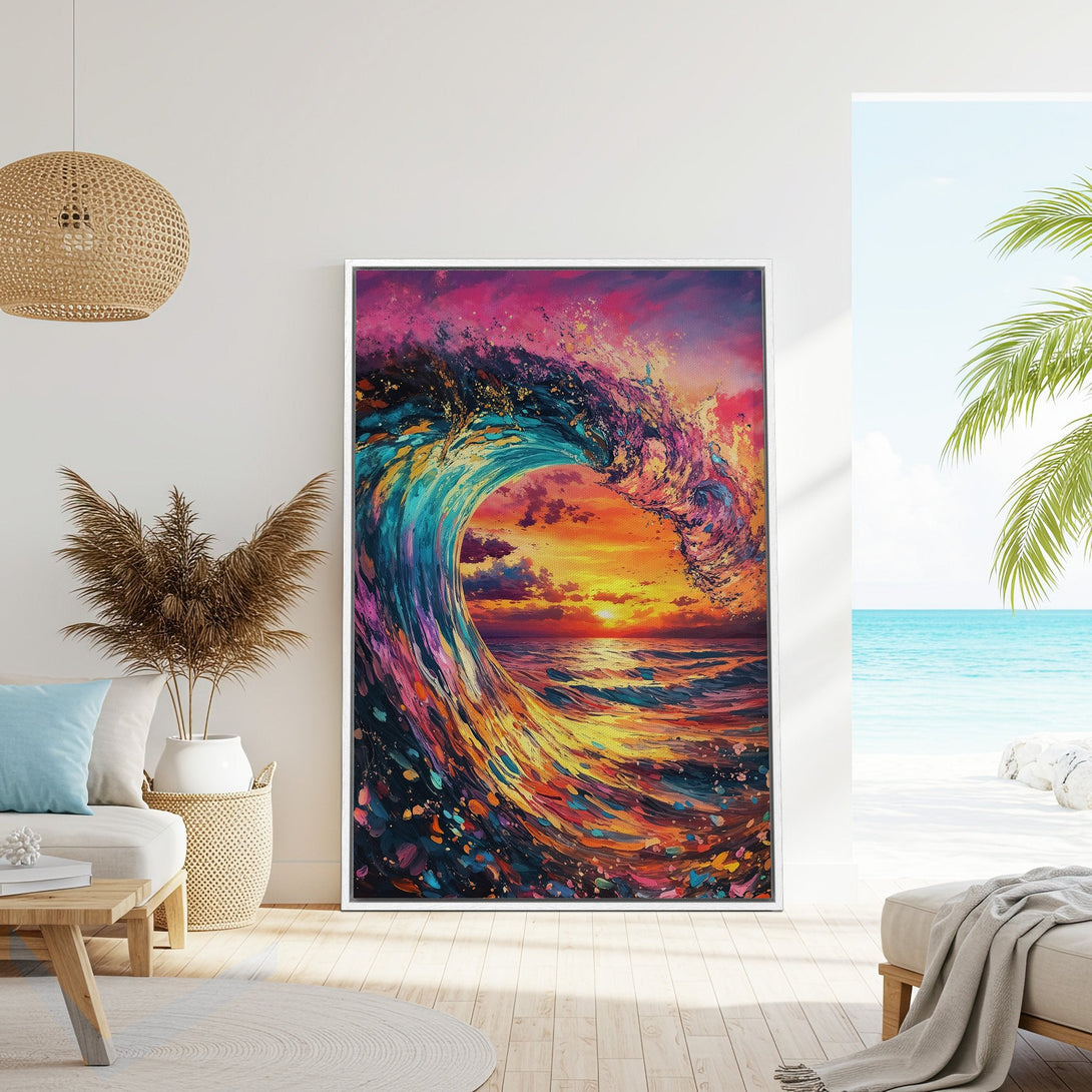 Framed Wall Art: Abstract wave painting in vibrant blues, pinks, and oranges. Modern, colorful canvas print adds coastal style to any interior.