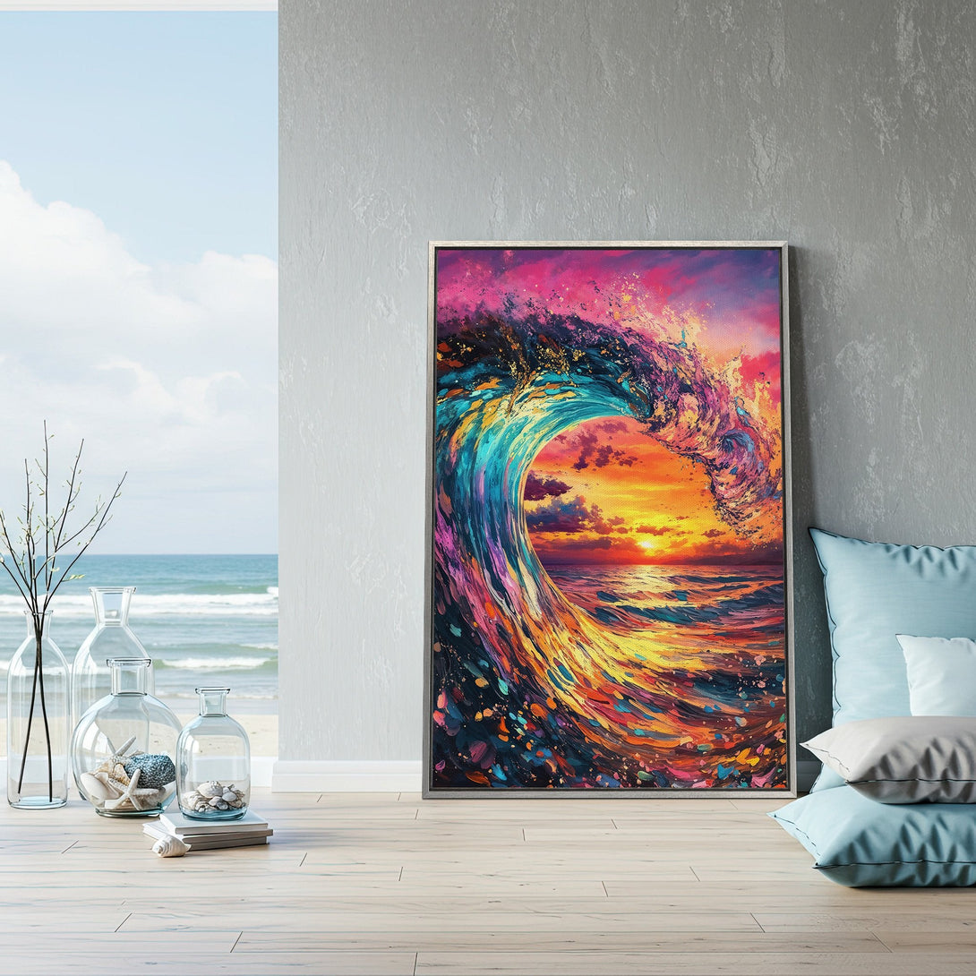 Framed Wall Art featuring a vibrant, colorful wave painting. Coastal artwork with pinks, blues, and oranges, perfect for adding a pop of color to your home decor.