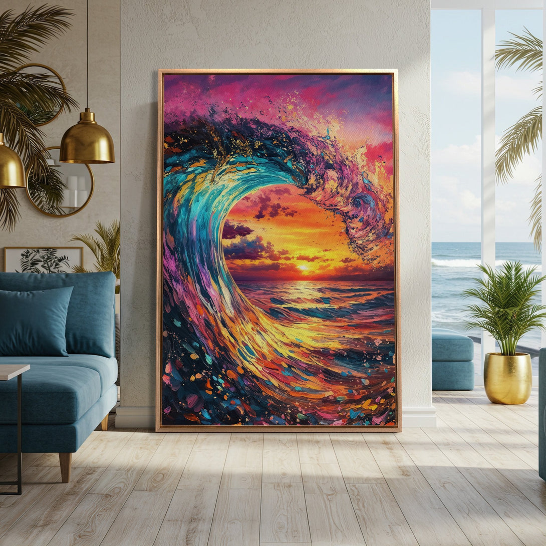 Framed Wall Art: Vibrant wave art canvas print with a colorful palette of blues, oranges, and pinks. Perfect for coastal decor.