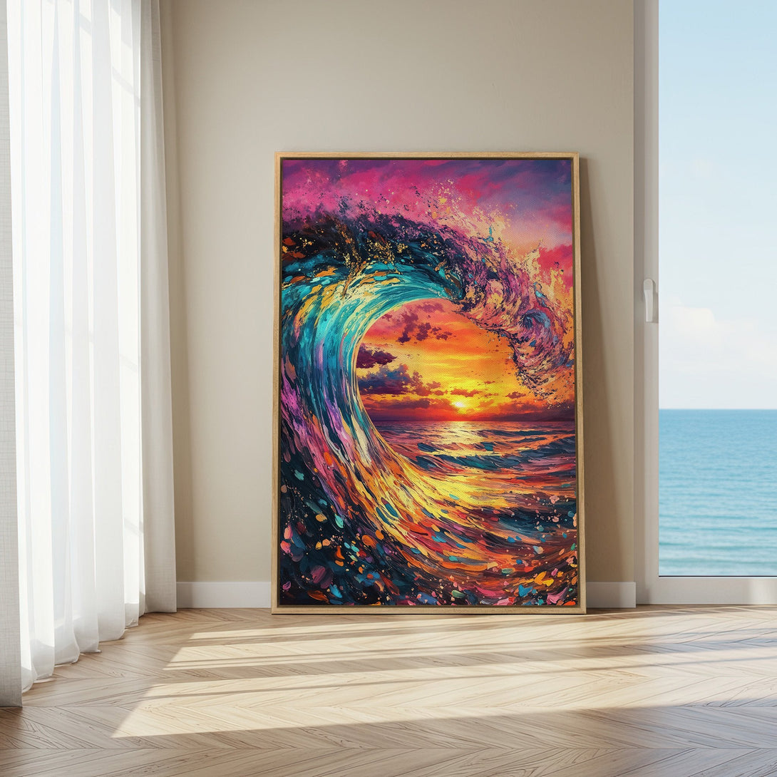 Framed Wall Art: Vibrant wave painting with a colorful palette of blues, pinks, and oranges. Adds a splash of coastal art to any space.