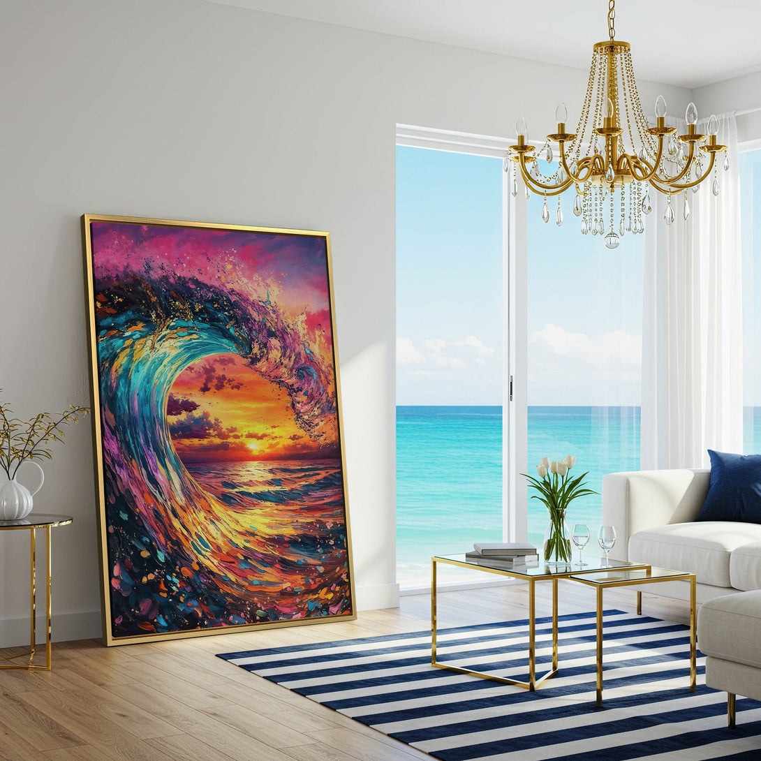 Canvas Print of a vibrant ocean wave painting in a modern interior. Features a colorful palette of blues, oranges, and pinks.