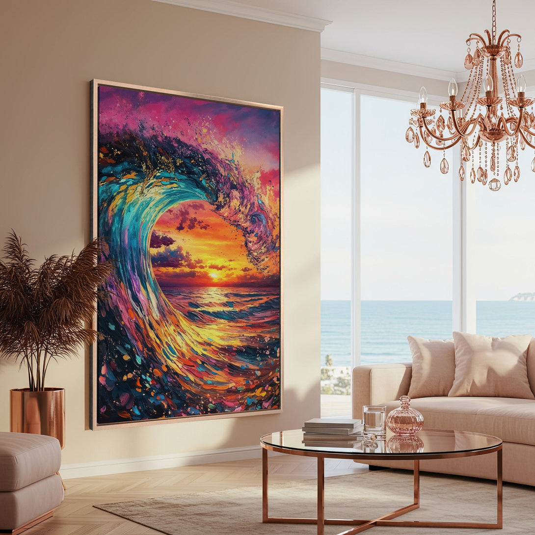 Framed Wall Art: Vibrant wave painting in a modern style with a colorful palette of blues, oranges, and pinks, perfect for coastal decor.