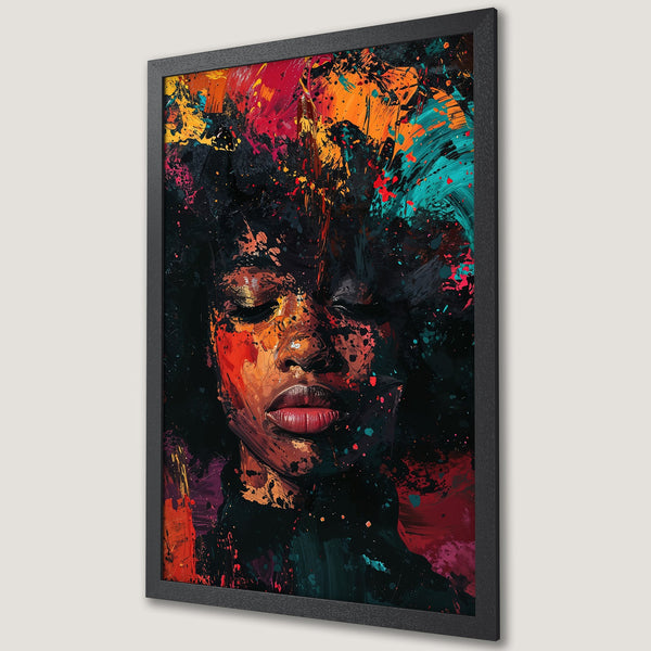 Framed Poster: Abstract portrait art with vibrant colors of red, orange, and teal. Modern wall decor.
