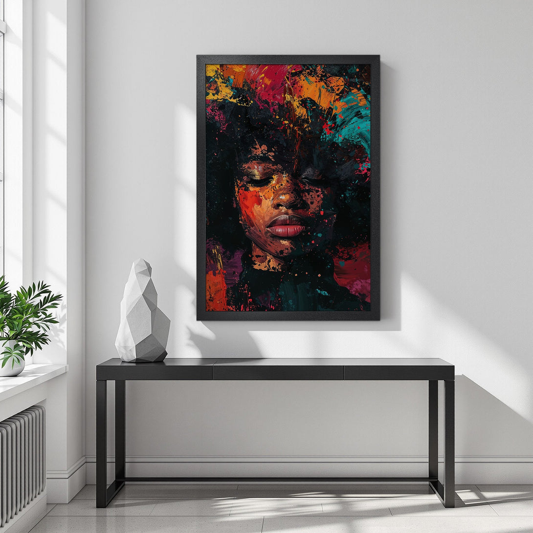 Framed Poster featuring an abstract portrait with vibrant colors. Artistic style, rich red, orange, and teal palette. Perfect wall art.