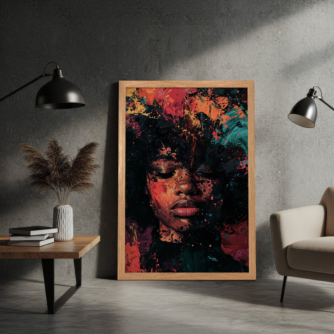 Framed Poster featuring an abstract portrait in vibrant red, orange, and teal hues. Modern art style, perfect for home decor.