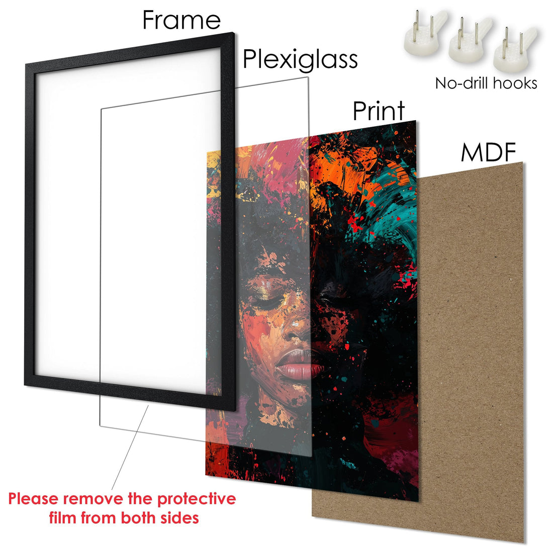Framed Poster featuring an abstract portrait in a vibrant color palette of red, orange, and teal. Modern art for your home.