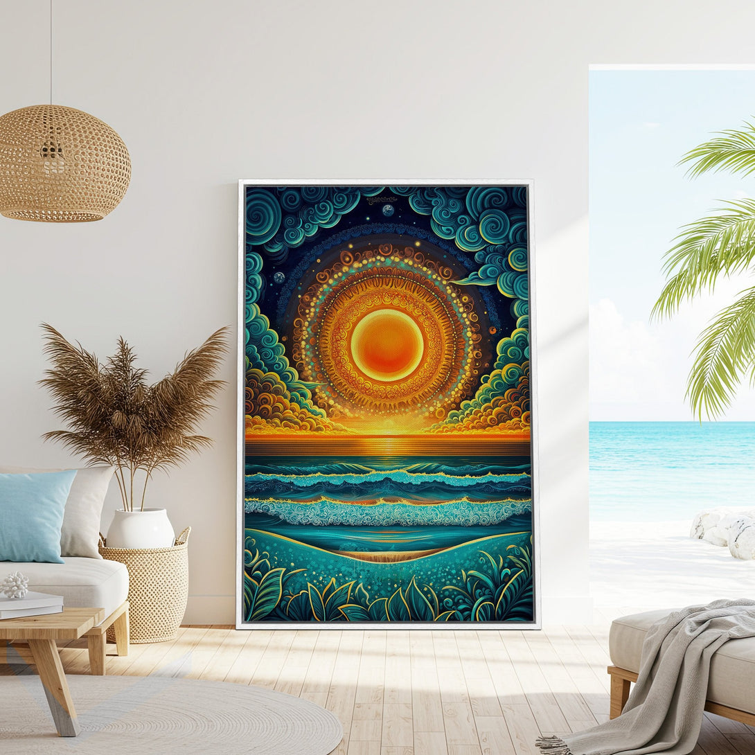 Framed Wall Art: Psychedelic sunset over ocean. Vibrant teal, gold, and orange color palette. Coastal art for a calming, bohemian living room.