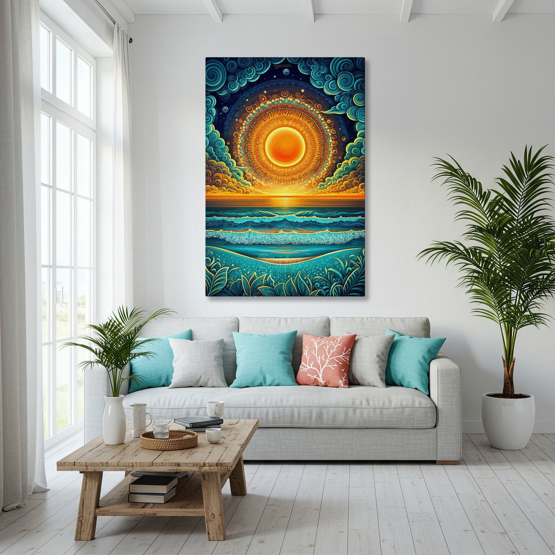 Framed Wall Art of a vibrant sunset over the ocean in a living room. Featuring a teal, orange, and gold color palette. Perfect for coastal decor!