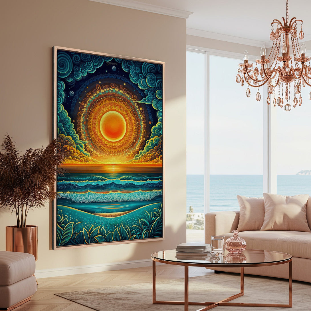 Framed Wall Art: Vibrant sunset canvas print in a modern living room. Features a colorful, psychedelic style with teal, orange, and blue hues. Perfect home decor!