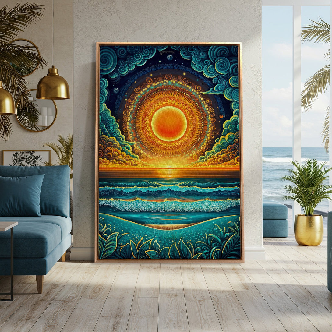 Framed Wall Art featuring a vibrant sunset over the ocean, with a whimsical style and a warm, inviting color palette of blues, oranges, and golds. Perfect for coastal decor.