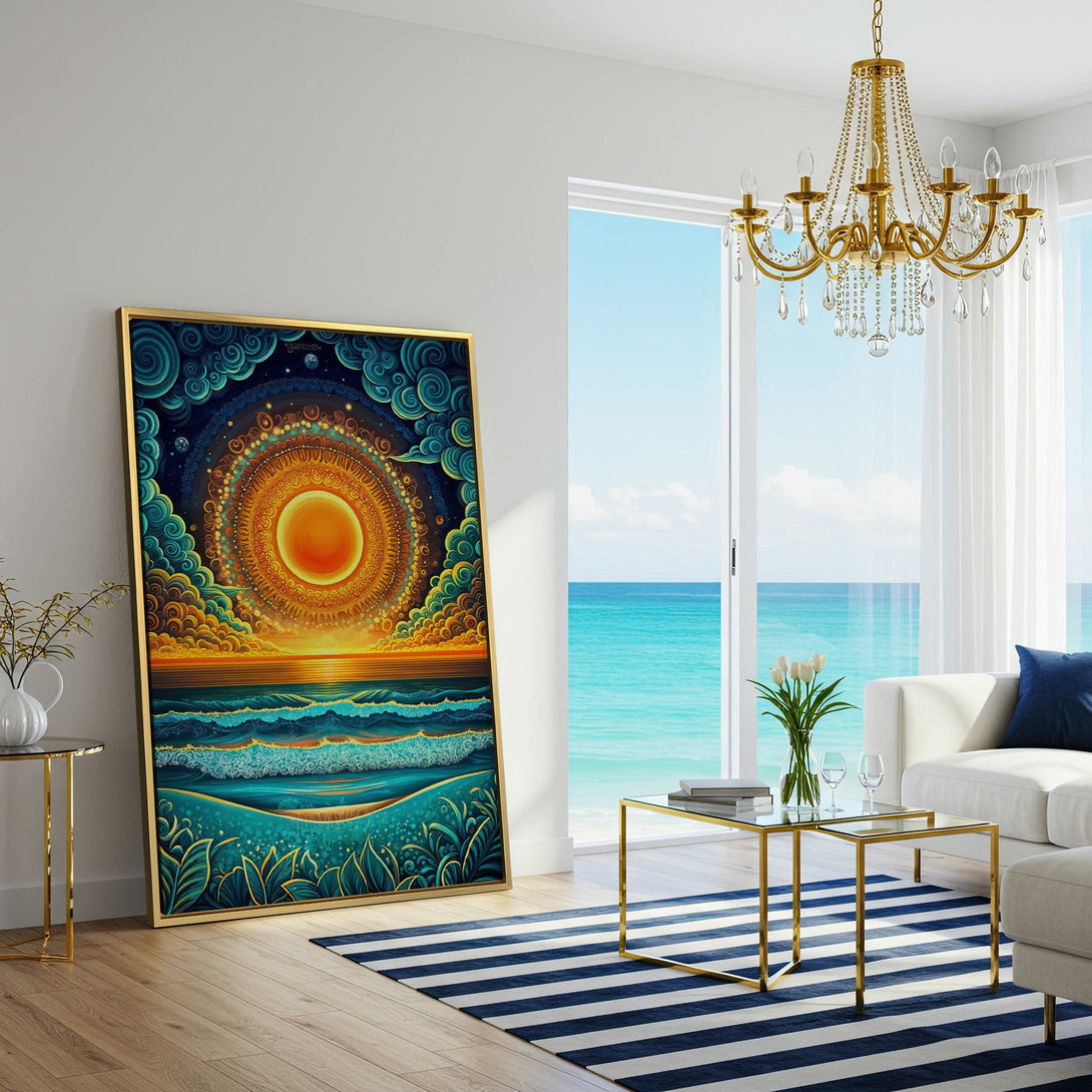 Canvas Print of a vibrant sunset over the ocean, in a colorful, stylized art style. Blue, orange, and teal palette. Perfect wall art!