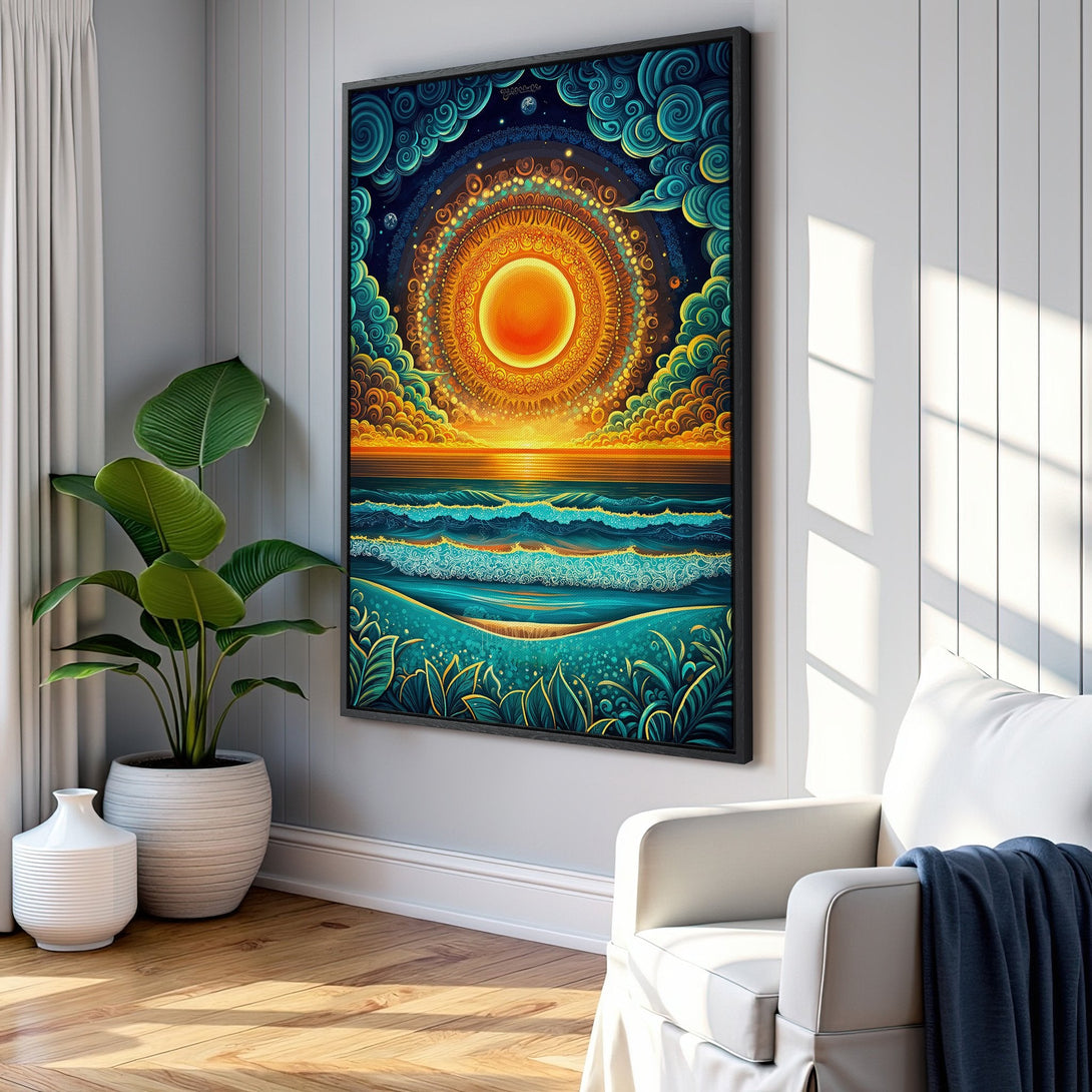 Framed Wall Art: Psychedelic sunset canvas print in vibrant teal, gold, and orange. Adds a touch of art to any room. Shop now and elevate your space!