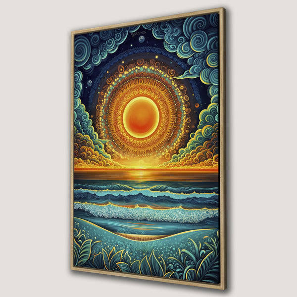 Framed Wall Art: Psychedelic ocean sunset canvas print. Vibrant blues, golds, and oranges create a dreamy, artistic landscape perfect for any room.