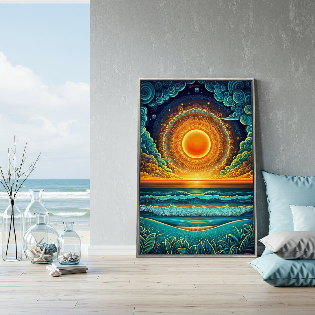 Framed Wall Art: Vibrant sunset scene in turquoise, gold, and orange. Coastal-inspired artwork adds a pop of color and style to any room. Shop now!