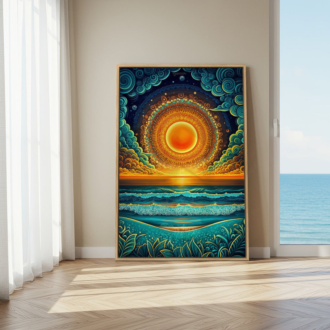 Framed Wall Art: Abstract sunset over ocean in teal, orange, and gold. Dreamy, artistic canvas print perfect for coastal decor.
