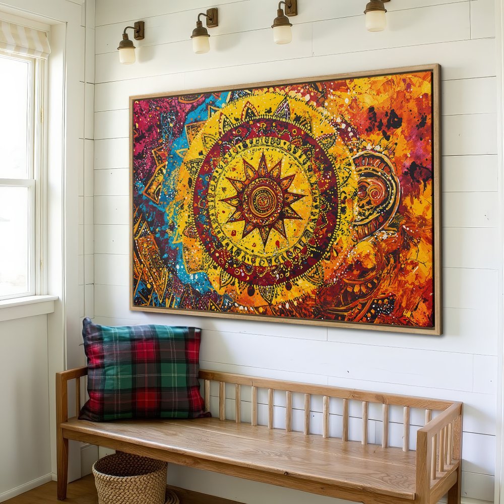 Framed Wall Art: Vibrant mandala Canvas Print in warm yellow, orange, and red tones. Adds bohemian style to any space. Shop now!