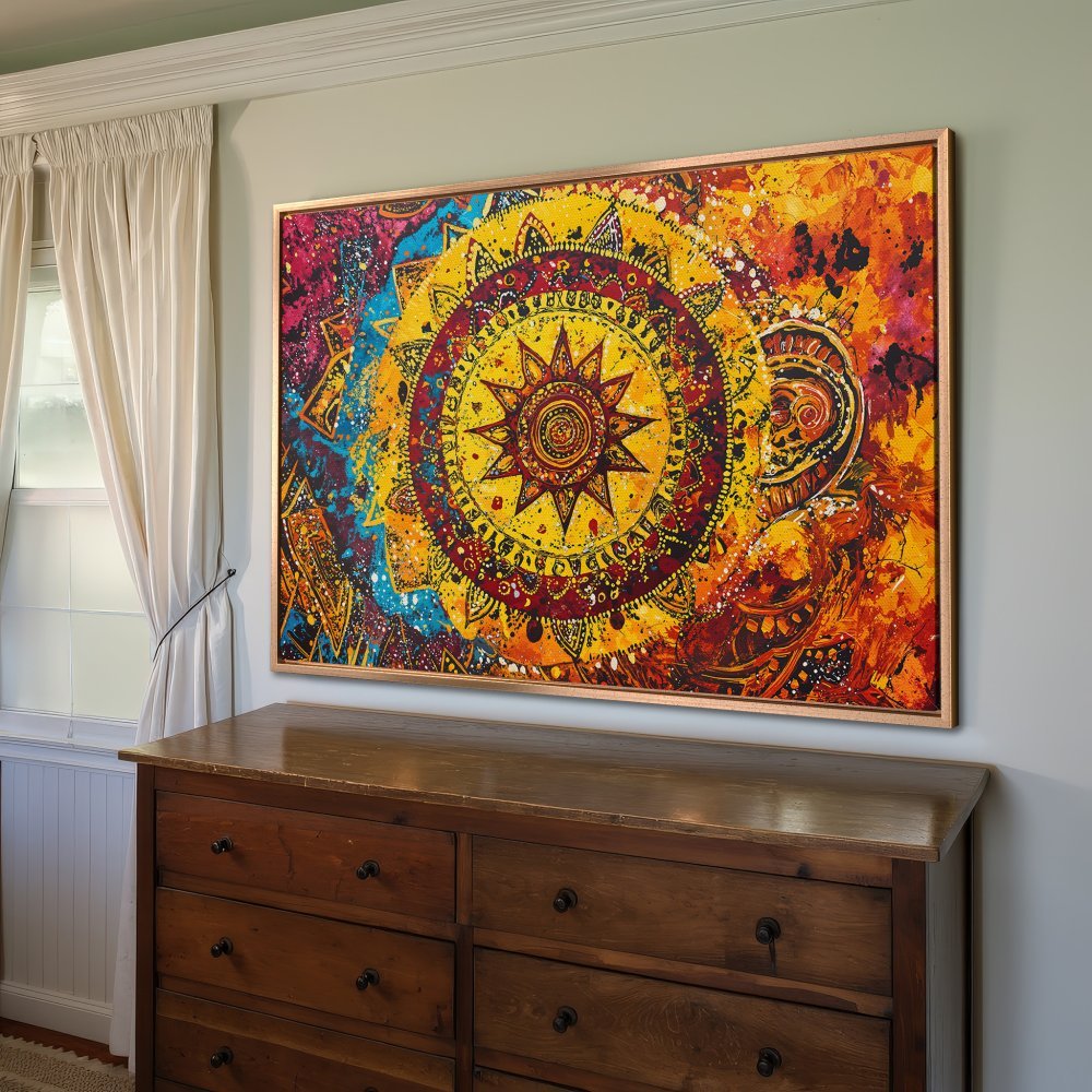 Framed Wall Art: Vibrant mandala canvas print in warm yellow, orange, and red tones. Adds bohemian style to any room.