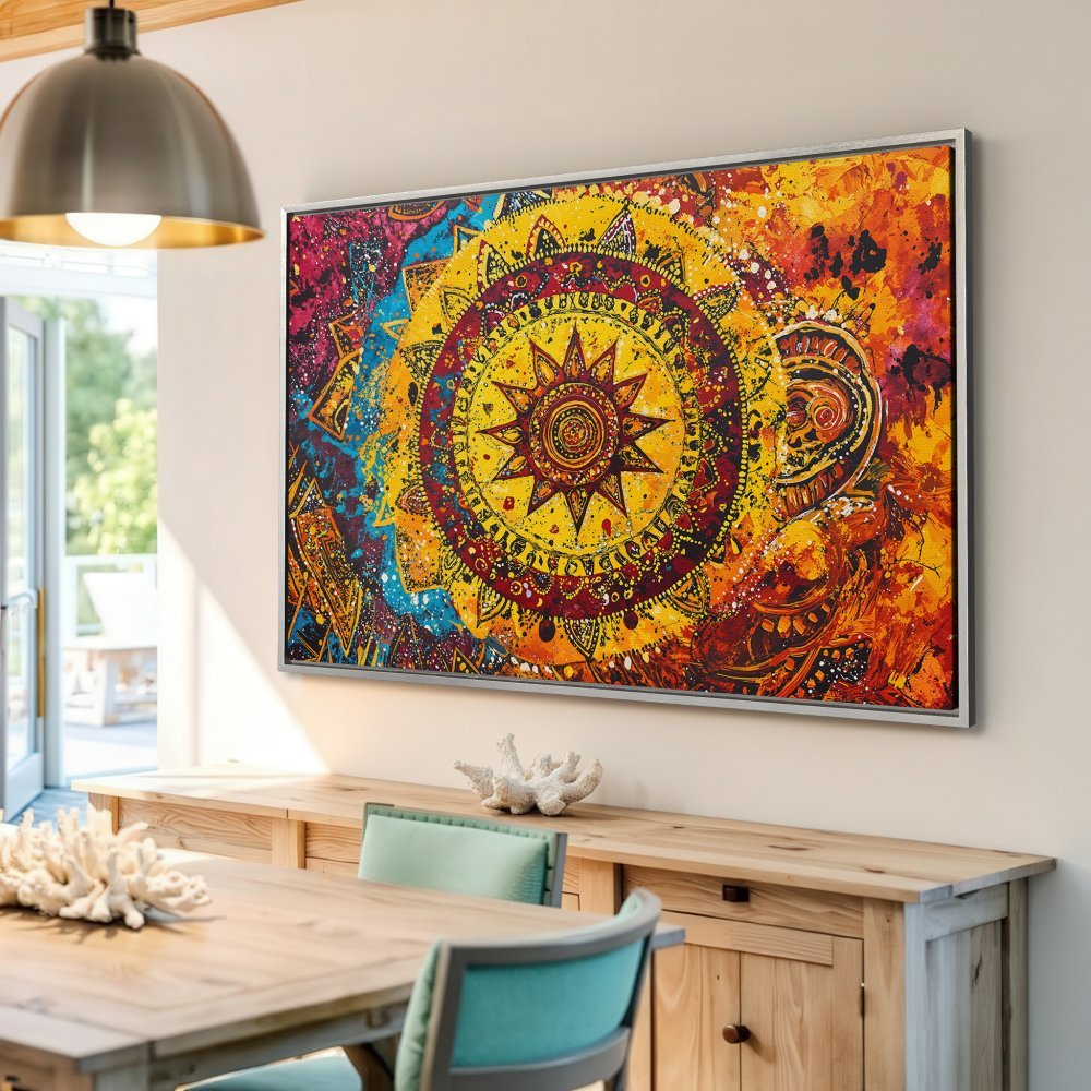 Framed Wall Art: Colorful mandala canvas print with vibrant yellow, orange, and blue hues. Boho style art for your home decor.