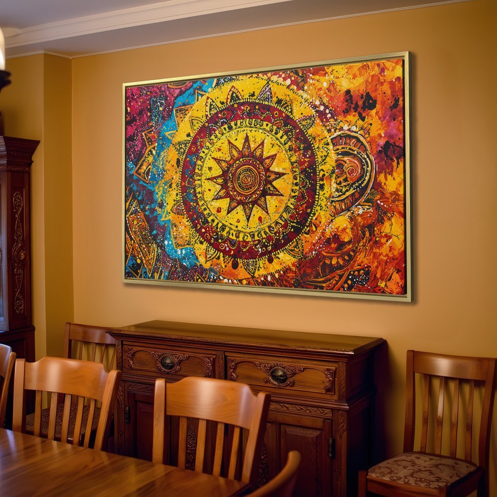 Vibrant Mandala Canvas Print in warm yellow, red, and blue hues. Boho wall art perfect for living room decor. Add a touch of zen to your space!