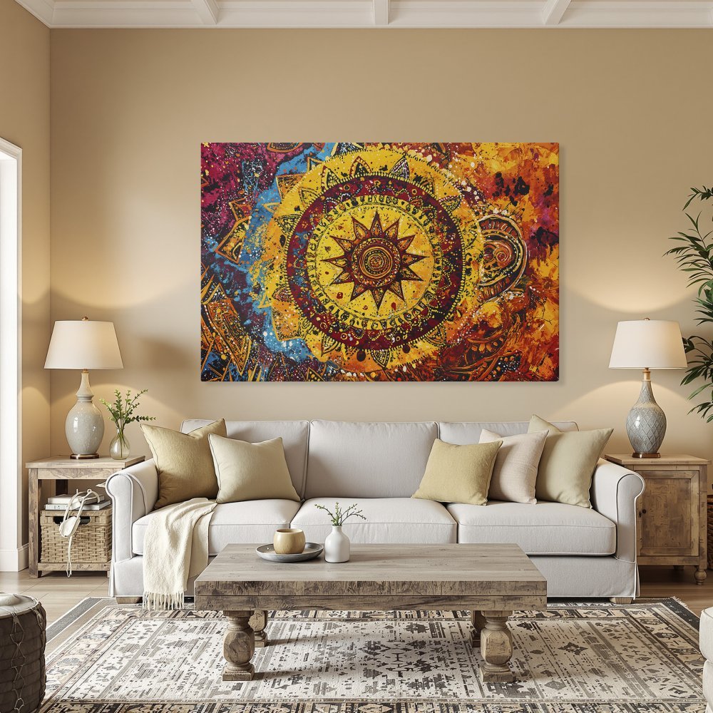 Framed Wall Art: Vibrant mandala Canvas Print in warm yellow, orange, and red tones. Perfect for adding a pop of color and bohemian style to your home decor.